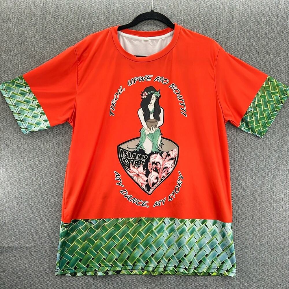 Island Girl Men Unisex Orange/Green Palm Tree Polynesian Graphic T-Shirt Size L